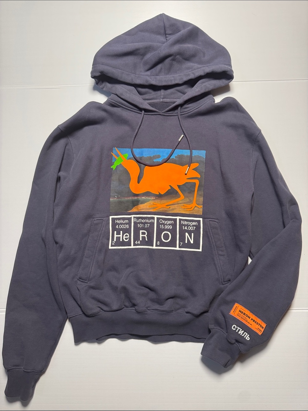 HERON PRESTON Periodic Men’s Purple Grey Hoodie Orange Green Heron Graphic SM